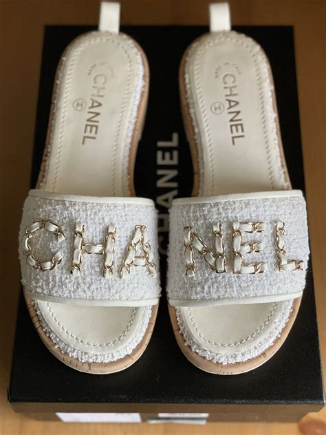 chanel gold rhinestone signature platform peach white mules slides|chanel sandals official site.